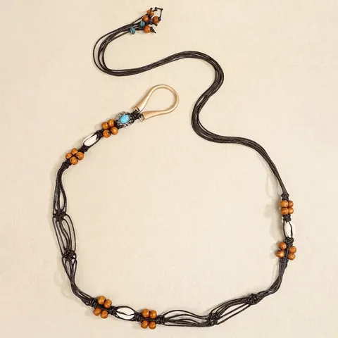 Catenina da Vita Intrecciata Bohemian Donna Stile Etnico Corda di Cera Perline Legno Conchiglia Turchese Cintura Decorativa