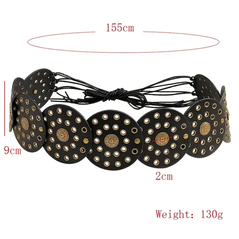 Ceinture Corset en Cuir PU Vintage Bohême pour Femmes Style Punk Y2K avec Disques Relief Soleil Ceinture Large Décorative avec Rivets Lacet