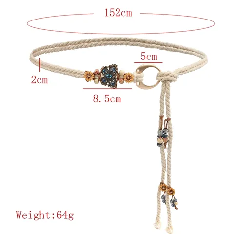 Women Bohemian Ethnic Woven Waist Chain Butterfly Flower Decoration Tassel Beige Rope Belt Vintage Vacation Jewelry Accessory