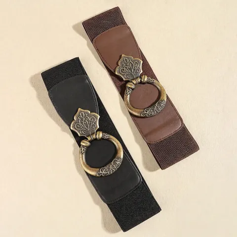 Vintage Damen Elastischer Taillengürtel Breiter Korsettgürtel Mit Ausgehöhlter Geschnitzter Metallschnalle Retro Legierung Leder Gürtel Für Kleider Hemden Damen Mode Accessoires
