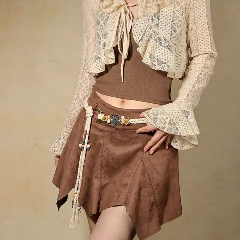 Women Bohemian Ethnic Woven Waist Chain Butterfly Flower Decoration Tassel Beige Rope Belt Vintage Vacation Jewelry Accessory