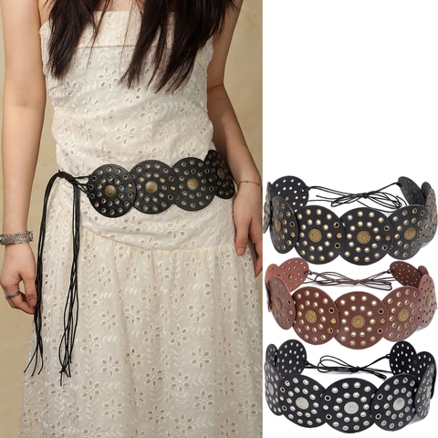 Ceinture Corset en Cuir PU Vintage Bohême pour Femmes Style Punk Y2K avec Disques Relief Soleil Ceinture Large Décorative avec Rivets Lacet
