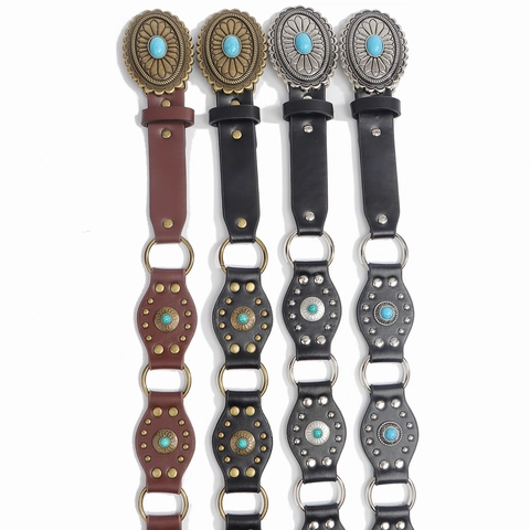 Cinturón de Cintura Bohemio Vintage para Mujer Cuero PU Premium Estilo Vaquero Occidental Hebilla de Turquesa Remache Accesorio Moda
