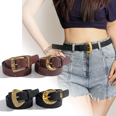 Cintura da Donna in Pelle PU Vintage Con Fibbia in Metallo Intagliata Retrò e Borchie Decorativa per Jeans Pantaloni Stile Boho