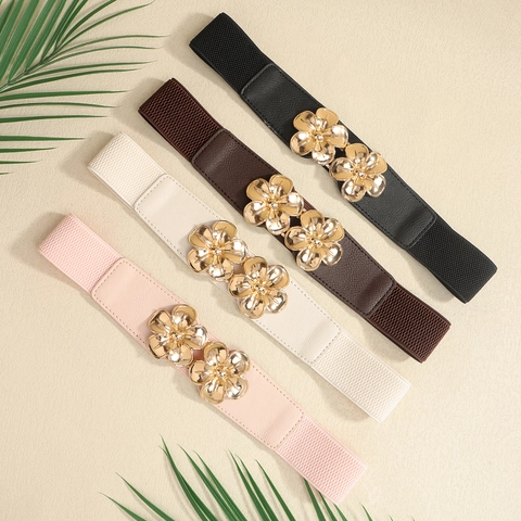Women Elastic Corset Belt With Gold Metal Flower Interlocking Buckle PU Leather Versatile Waistband For Dresses Shirts
