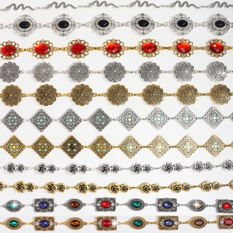 Cintura a Catena Vintage Bohémien con Intarsio di Turchese per Donna Motivo Floreale in Metallo Regolabile Gioielli Retrò