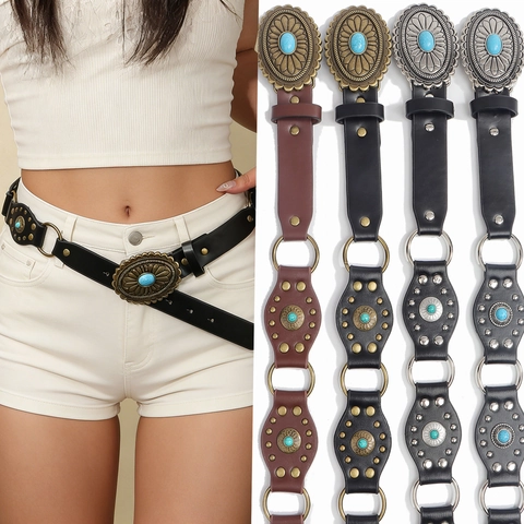 Cintura Patchwork in Pelle PU con Rivetti American Retro da Donna Stile Bohemian Punk Allacciata in Vita con Anello in Metallo Decorativo