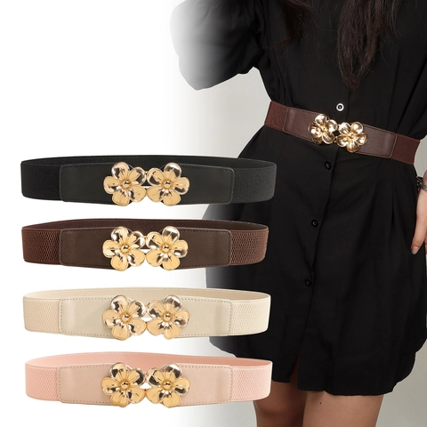 Women Elastic Corset Belt With Gold Metal Flower Interlocking Buckle PU Leather Versatile Waistband For Dresses Shirts