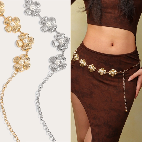 Elegante Cintura a Catena in Lega Floreale per Donna Con Perle Artificiali Cintura in Metallo per Abito Stile Etnico Moda