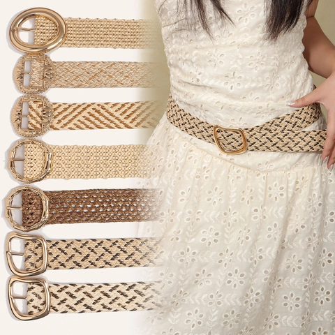 Women's Bohemian Woven Straw Belt Fashion Versatile Waist Belt With Round Gold Metal Buckle For Dresses Summer Beach Holiday Accessory