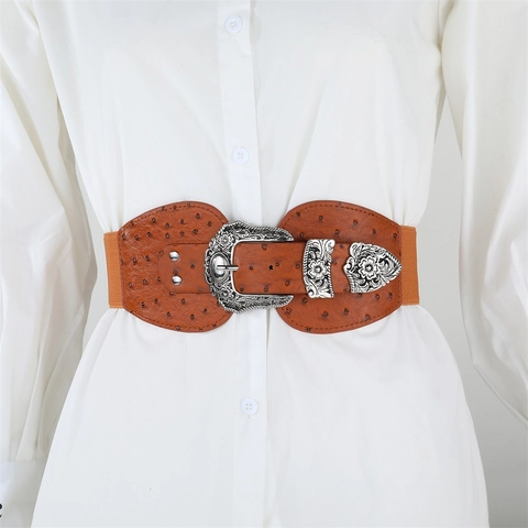 Cintura Elastica Larga Vintage da Donna in Ecopelle con Motivo di Struzzo Fibbia Intagliata Boho Cintura Alta per Abiti Camicia Nero Marrone