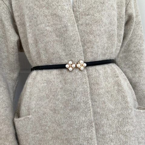 Women Skinny PU Leather Belt With Clover Artificial Pearl Buckle Adjustable Thin Waist Belt For Dresses Fashion Accessory