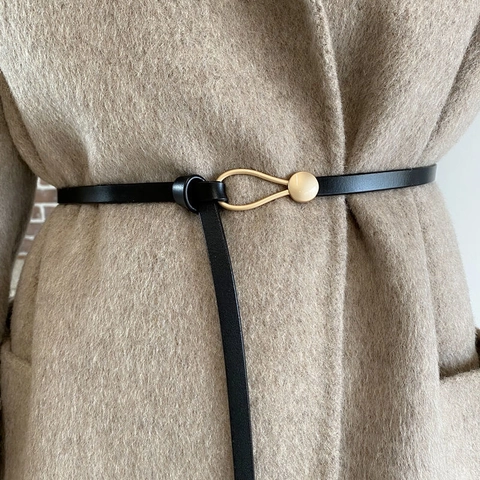 Women Minimalist Cowhide Leather Thin Belt With Gold Alloy Horseshoe Buckle Fashion Decorative Knot Waist Belt For Dresses