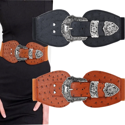 Cintura Elastica Larga Vintage da Donna in Ecopelle con Motivo di Struzzo Fibbia Intagliata Boho Cintura Alta per Abiti Camicia Nero Marrone