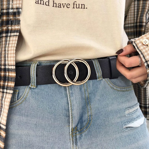 Women's Fashion Double O-Ring Buckle PU Leather Belt Minimalist Chic Thin Waistband For Jeans Dresses Simple Alloy Buckle Waist Belt