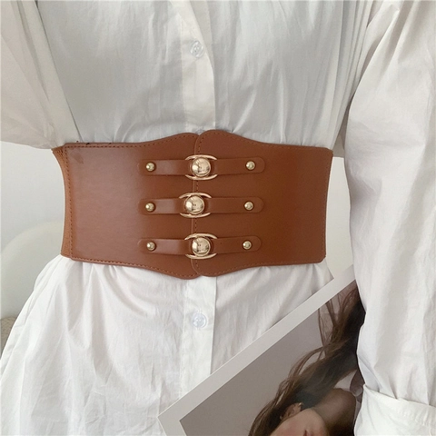 French Vintage Elastic Corset Belt For Women Retro Faux Leather Wide Waist Seal Gold Buckle Decorative Cinch Belt For Dresses Coats