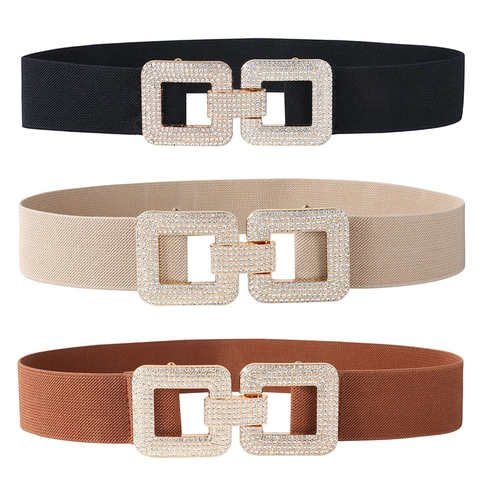 Damen Strass Elastischer Taillengürtel Elegant Kunstleder Ineinandergreifende Quadratische Schnalle Stretch Korsett Gürtel Für Kleider Mode