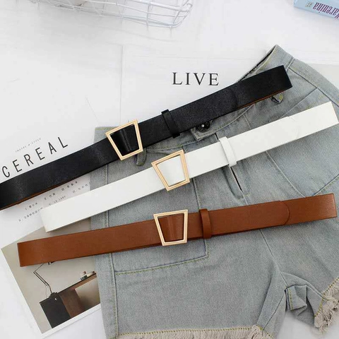 Vintage Women PU Leather Belt With Gold Trapezoid Buckle Holeless Adjustable Waist Strap For Jeans Dresses Casual Waistband