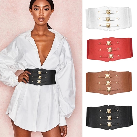French Vintage Elastic Corset Belt For Women Retro Faux Leather Wide Waist Seal Gold Buckle Decorative Cinch Belt For Dresses Coats