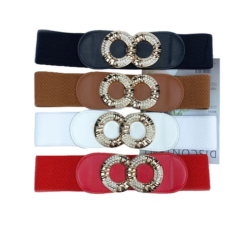 Vintage Damen Elastischer Korsettgürtel PU-Leder Dehnbares Taillenband Strass Doppel-O-Ring-Schnalle Für Kleider