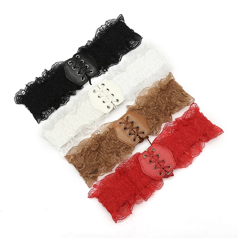 Damen Retro Spitze Corset Gürtel Elastisches Breites Taillenband Mit PU-Leder Schnürung Vorne Dehnbarer Taillenformer Für Kleid