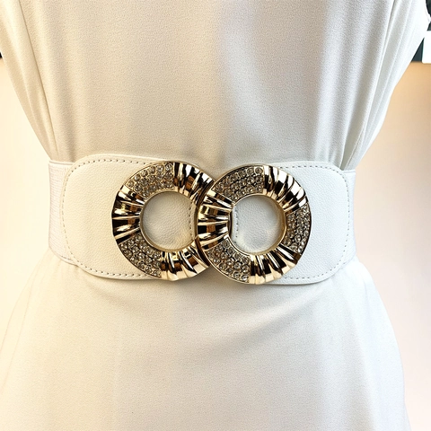Vintage Damen Elastischer Korsettgürtel PU-Leder Dehnbares Taillenband Strass Doppel-O-Ring-Schnalle Für Kleider