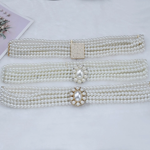 Elegante Cintura in Vita Elastica con Perle Artificiali a Quattro File da Donna Con Fibbia in Strass Cintura Corsetto Vintage