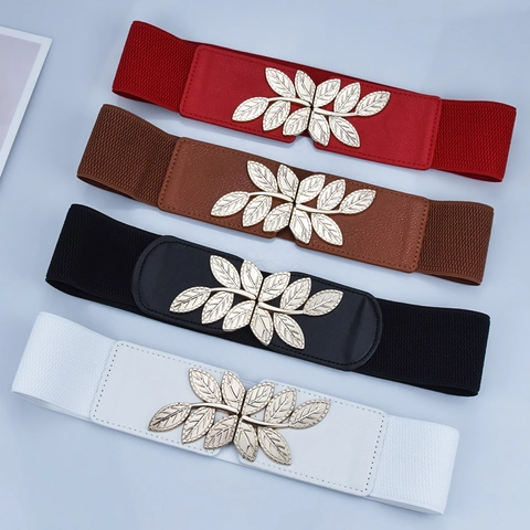 Cintura a Corsetto Elastica da Donna Fibbia a Foglia d'Oro Similpelle Fascia Larga Elastica Cintura Decorativa per Abiti
