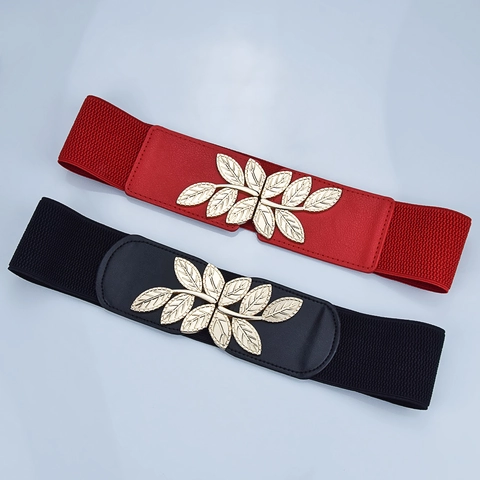 Cintura a Corsetto Elastica da Donna Fibbia a Foglia d'Oro Similpelle Fascia Larga Elastica Cintura Decorativa per Abiti