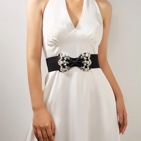Women Sweet Butterfly Bow Embroidered Elastic Corset Belt Wide PU Leather Waistband With Artificial Pearl Rhinestone For Dress