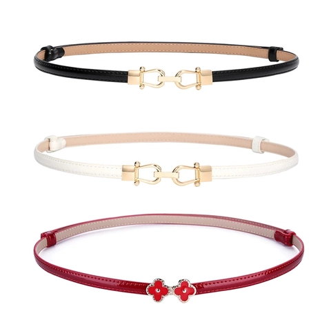 Damen Schmaler Kunstleder Gürtel Mit Trensenschnalle Kleeblatt Minimalistisch Verstellbarer Dekorativer Taillengürtel Für Kleider Eleganter Mode Gürtel