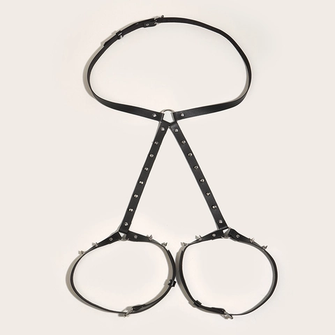 Punk Gothic Nieten PU Leder Körpergeschirr Gürtel Mit Beinringen Verstellbare Nieten Taille Strap Für Damen Bühne Party