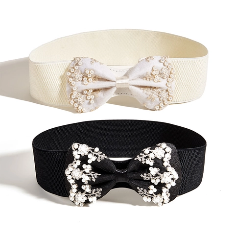 Women Sweet Butterfly Bow Embroidered Elastic Corset Belt Wide PU Leather Waistband With Artificial Pearl Rhinestone For Dress