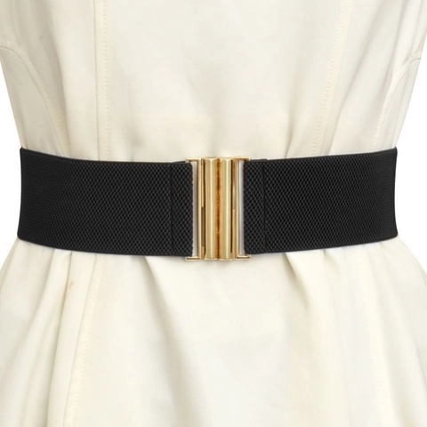 Cintura a Corsetto Elastica Larga da Donna Cinturino Elasticizzato Con Fibbia a Incastro in Metallo Dorato Accessorio Moda Vestito