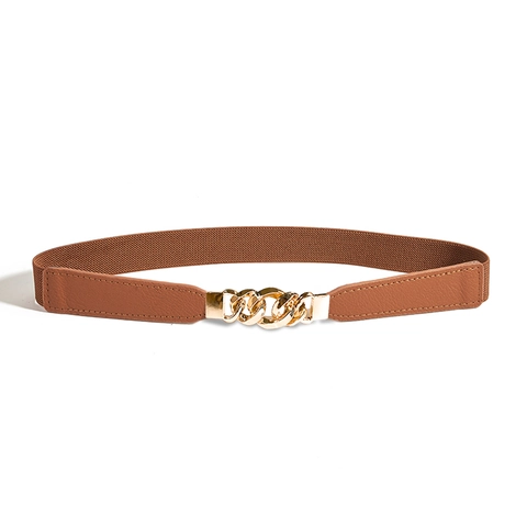 Women Elastic Corset Belt PU Leather Waist Cincher Interlocking Metal Chain Buckle Decorative Stretch Waistband For Dress