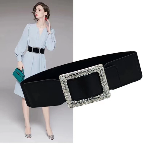 Women Elastic Waist Belt Rhinestone Square Buckle Wide Girdle Vintage Elegant Artificial Leather Corset Belt For Dresses