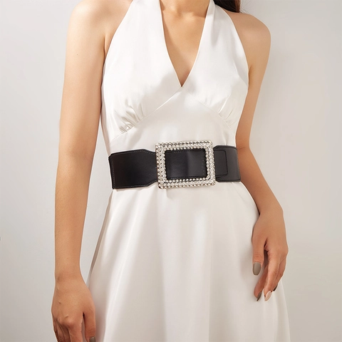 Women Elastic Waist Belt Rhinestone Square Buckle Wide Girdle Vintage Elegant Artificial Leather Corset Belt For Dresses
