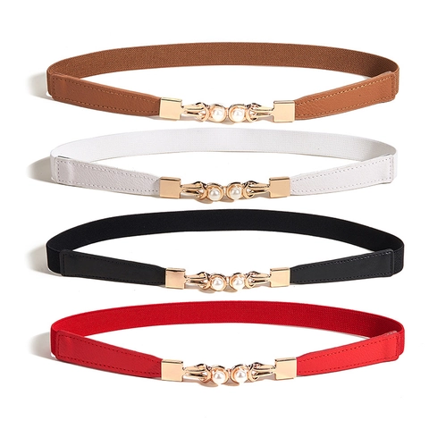 Cinturón de Cintura Elástico Estrecho para Mujer Con Hebilla de Perlas Artificiales Cinturón Decorativo de Cuero Artificial