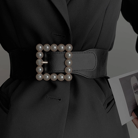 Women's Elegant Elastic Wide Waist Belt Artificial Leather Corset Belt With Artificial Pearl Square Buckle For Dresses