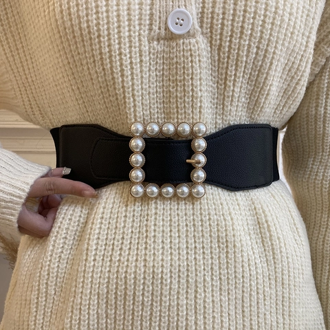 Women's Elegant Elastic Wide Waist Belt Artificial Leather Corset Belt With Artificial Pearl Square Buckle For Dresses