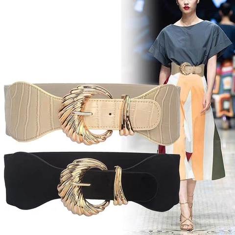 Cintura Donna Larga a Corsetto Retrò Motivo Coccodrillo Elastica Girovita Fibbia in Metallo Dorato Ecopelle Cintura Decorativa