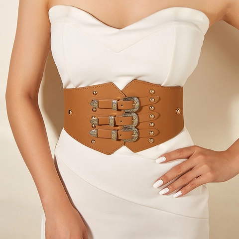 Women Vintage Corset Belt Artificial Leather Wide Waist Cincher Triple Buckle Studded Elastic Fashion Girdle Accessory