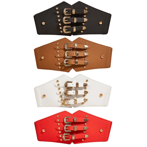 Women Vintage Corset Belt Artificial Leather Wide Waist Cincher Triple Buckle Studded Elastic Fashion Girdle Accessory