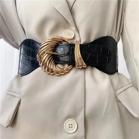 Cintura Donna Larga a Corsetto Retrò Motivo Coccodrillo Elastica Girovita Fibbia in Metallo Dorato Ecopelle Cintura Decorativa