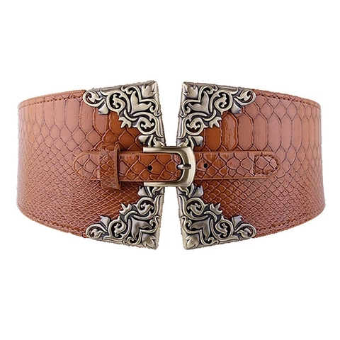 Ceinture Corset Large de Style Palais Rétro pour Femmes Motif Paon Rétro Ceinture en Cuir Artificiel Élastique
