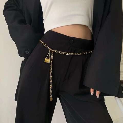 Cintura a Catena Intrecciata in Metallo da Donna Con Ciondolo Mini Borsa Trapuntata Catena da Vita Vintage Francese Oro Nero