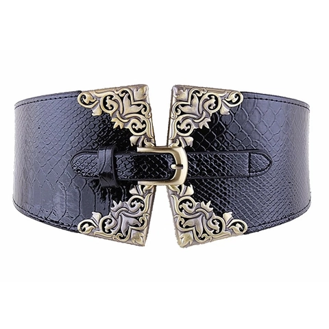 Ceinture Corset Large de Style Palais Rétro pour Femmes Motif Paon Rétro Ceinture en Cuir Artificiel Élastique