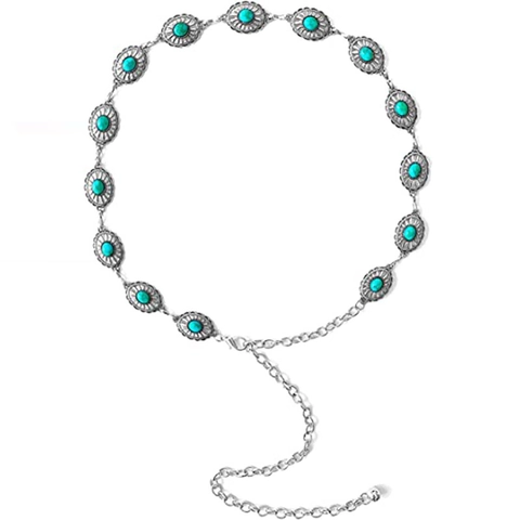 Bohemian Metall Ketten Gürtel Für Damen Ethnisch Türkis Eingelegt Geschnitzt Taillenkette Silber Verstellbar Körper Schmuck