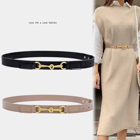 Cintura Sottile da Donna Vintage Fibbia a Morsetto in Pelle PU Moda Cintura Sottile per Abiti Cappotti Cinturino Decorativo