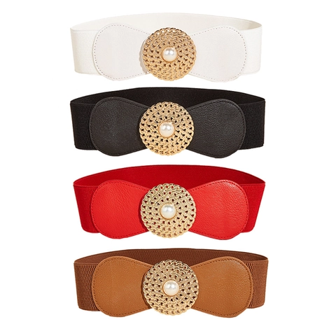 Cintura Elastica Alta da Donna Vintage Fibbia Tonda Dorata con Perla Artificial Cintura a Corsetto in Ecopelle per Abiti Cappotti Accessori Moda